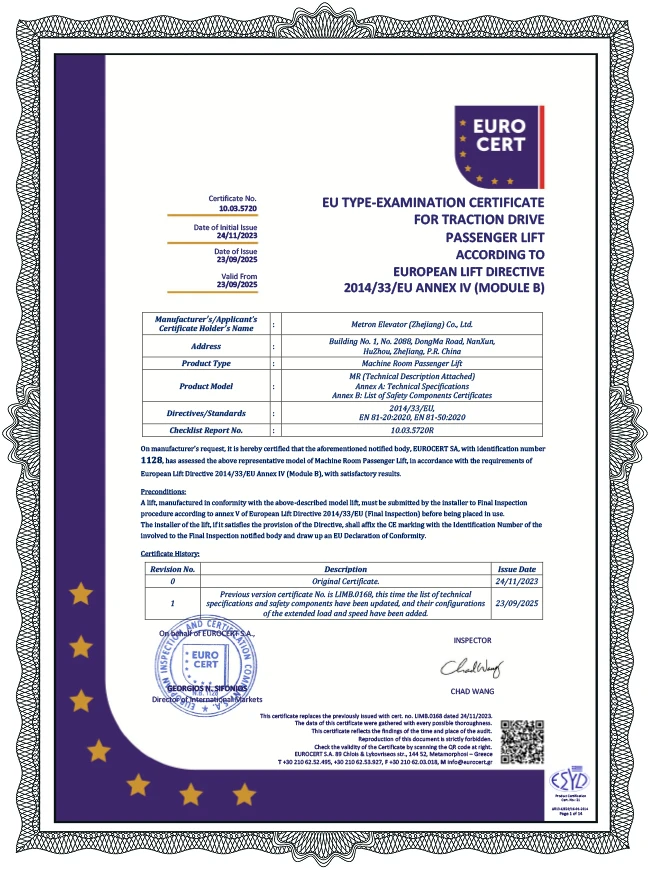 Certificat CE pour ascenseur MR
