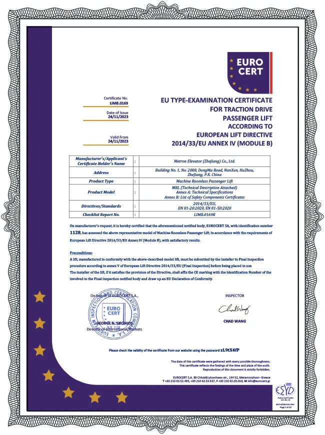 Certificat CE pour ascenseur MRL